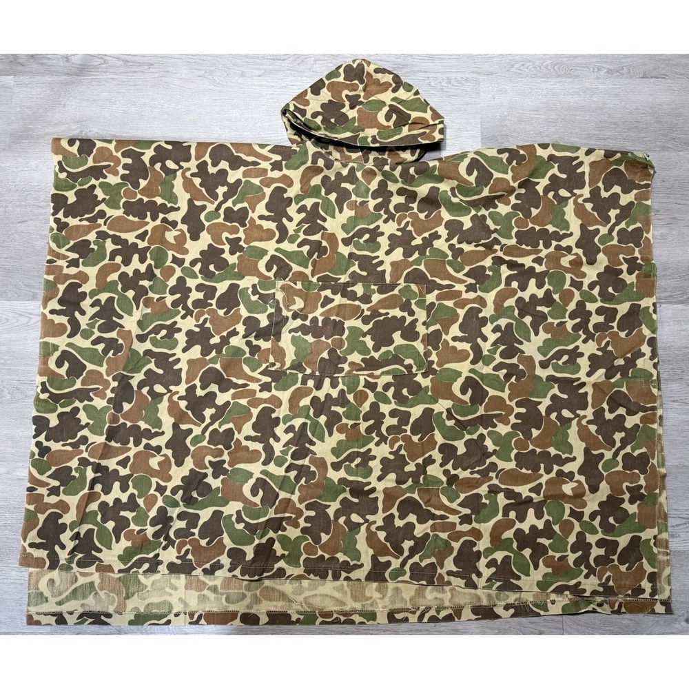 Vintage 70s Duck Hunter Camo Hooded Hunting Poncho Frogskin Style Handmade 34"